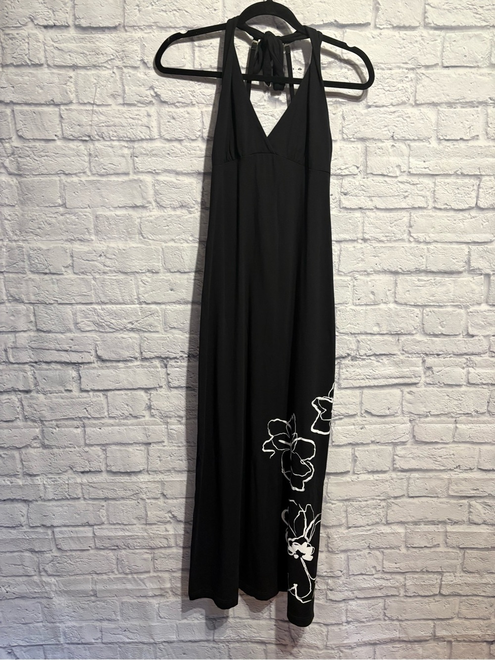 Black Y2K Halter Maxi Dress with White Floral Trim Small